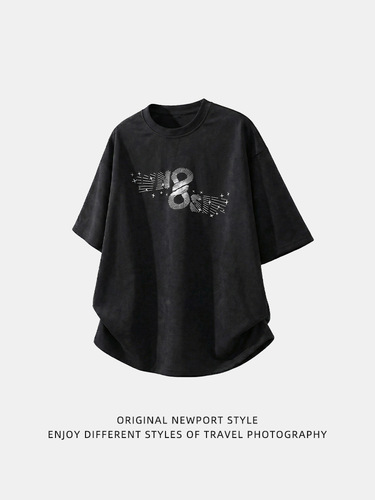 fashion brand imitation suede short-sleeved T-shirt men's spring and summer new retro American contrast color printed loose top T-shirt q