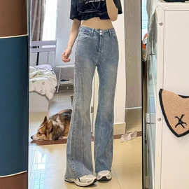 设计感重工铆钉微喇牛仔裤女2025春季新款褶皱高腰显瘦弹力喇叭裤