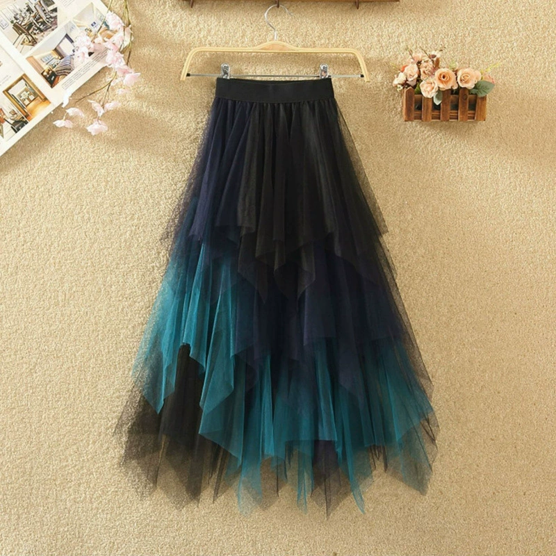 Нерегулярная черно-серая сетчатая юбка для похудения, женская осенне-зимняя новая высококачественная марлевая юбка средней длины с драпировкой