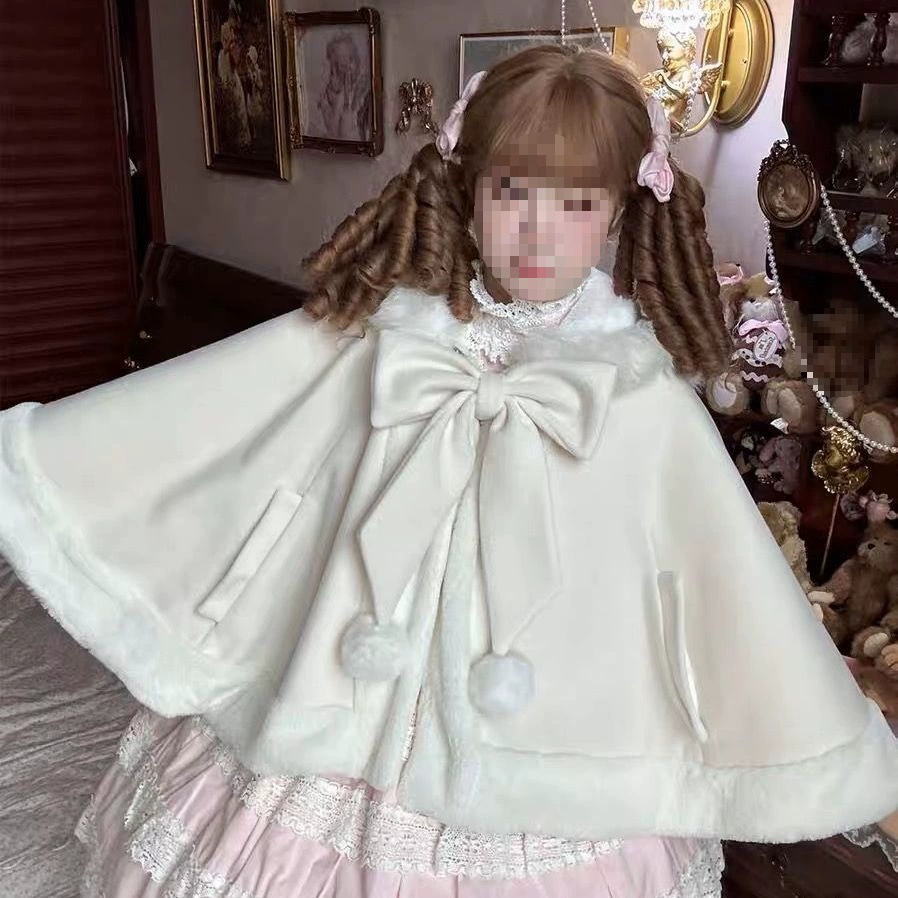 Плащ‑тренч женский в стиле Lolita с шапкой — молочно‑белый и розовый, подкладка с плюшем
