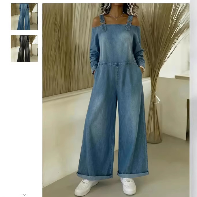 2026 New Foreign Trade Women's Fashion Hot-Selling Imitation Denim Print Long-Sleeve Loose Casual Pocket Jumpsuit