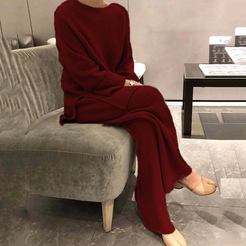 欧美女装2024秋冬亚马逊热卖长袖纯色针织休闲两件套毛衣欧美风|undefined