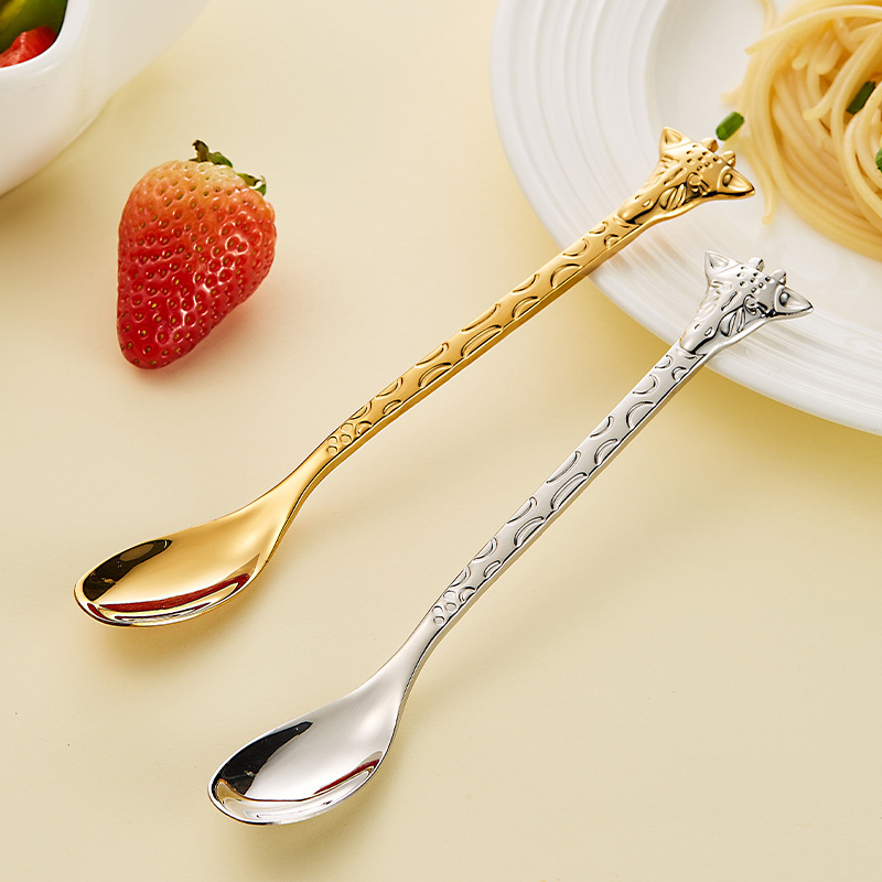 Giraffe Handle Coffee Stirring Dessert Spoon Golden Cartoon Creative Cake 304 Stainless Steel Fork Spoon Cartoon Spoon