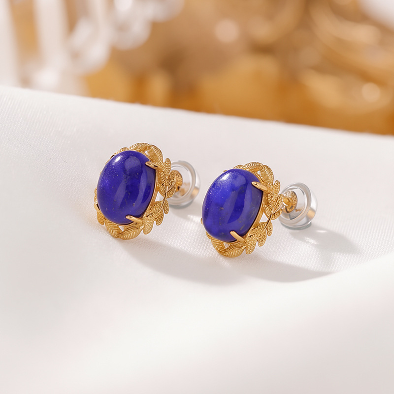 Bông tai bạc S925 mạ vàng đính đá Lapis Lazuli hình trứng vintage — Cặp đôi