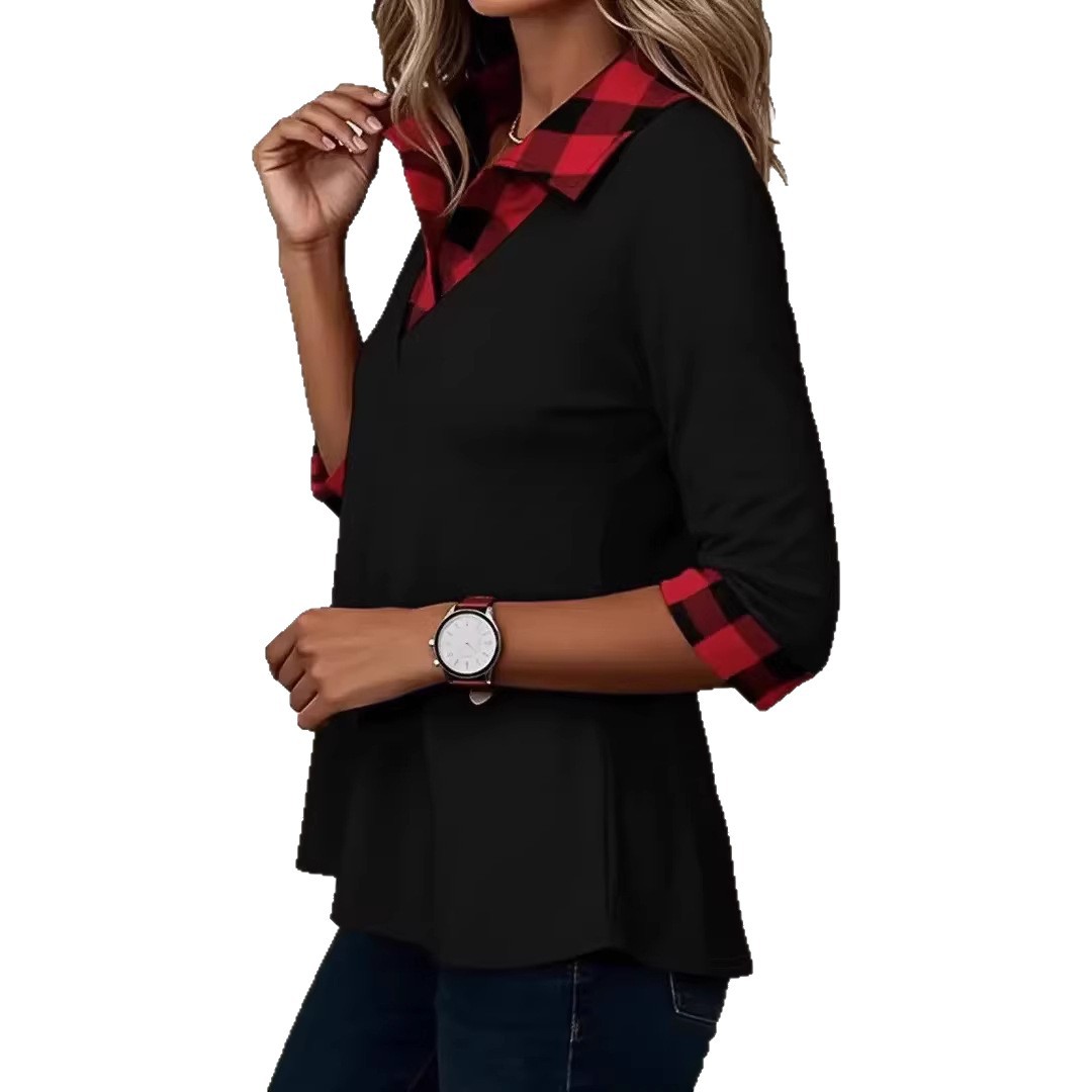 Contrast Panel Casual V-Neck Tunic Top For Women - Modern Spliced Tee With 3/4 Sleeves For Street Style_ecoleips.com