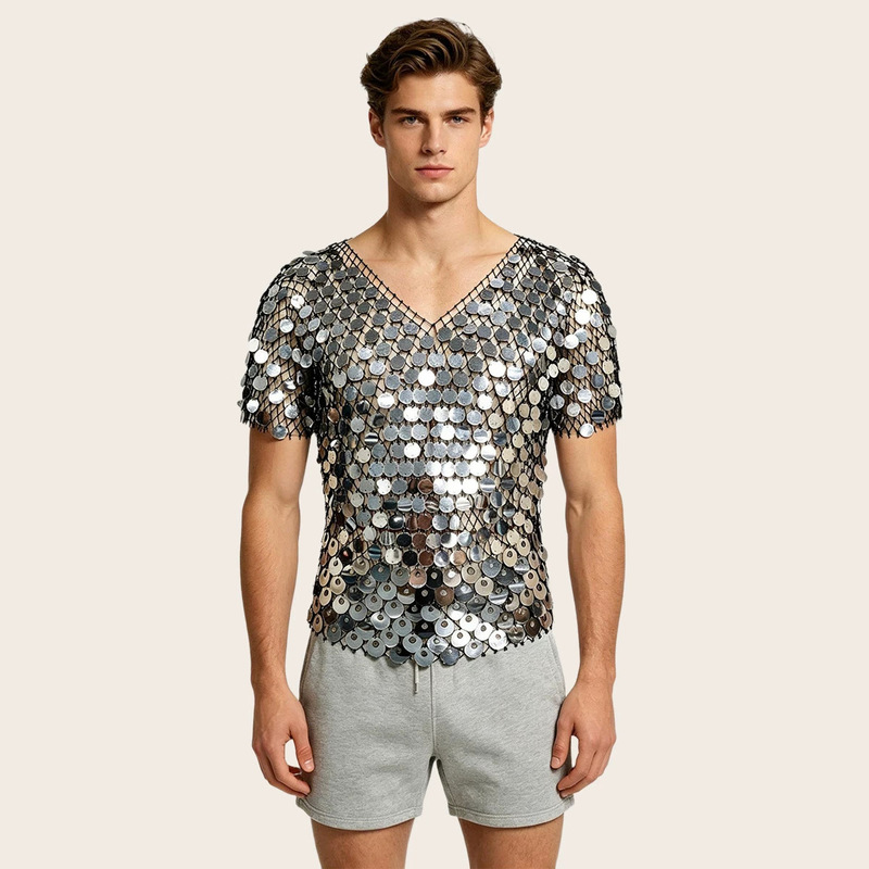 2026 New Cross-Border European and American Trendy Loose Casual Street Style See-Through Sexy T-Shirt Short-Sleeve Fishnet Sequin Top