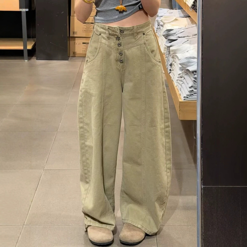 Japanese-Style Single-Button Wide-Leg Jeans for Women, Summer New Style, Plus-Size, Loose Fit, Slimming, Drapey, Curved Hem, Floor-Length Cotton Pants