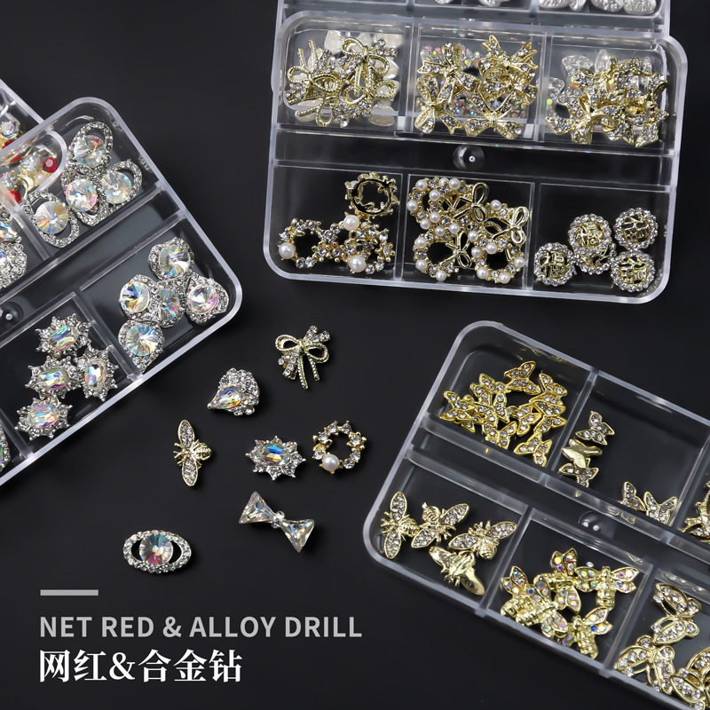 Cross border 6 alloy box-packed Nail Drill bow star Pearl DIY nail Large drill Nail enhancement Jewelry suit