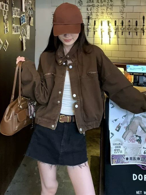 港风美式复古脏脏工装咖色短外套女休闲宽松甜酷夹克牛仔上衣潮|undefined