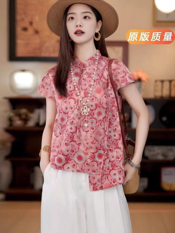 ハイエンドの中国風の女性の夏25ハイエンドの軽い豪華さ、年齢を減らす、西洋スタイル、ユニークで美しい新しい中国風のピンクのジャカードトップ|undefined