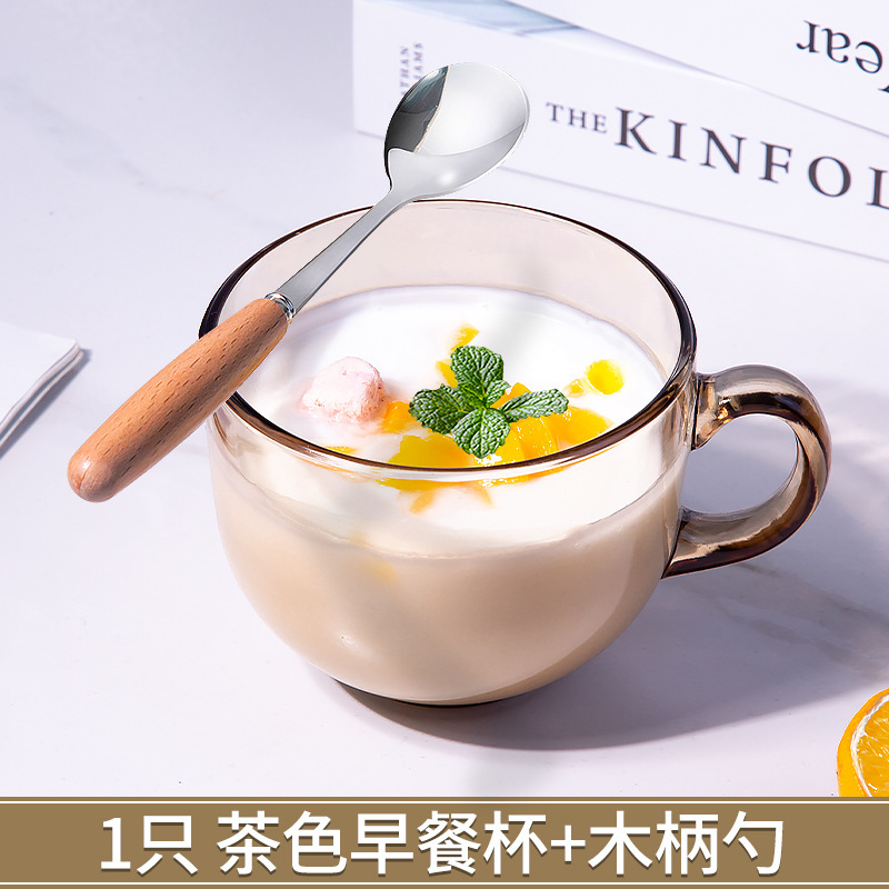 Brown breakfast cup + wooden handle spoon