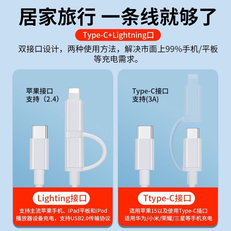 尼龙编织PD二合一手机快充数据线适用于苹果华为充电线60W双TYPEC|undefined