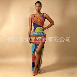 新款不规则图案水钻开叉修身长裙晚会红毯舞台时装秀礼服拼色花