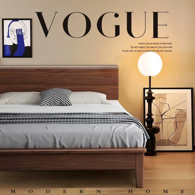 Nordic Solid Wood Bed Modern Simple Walnut Color Master Bedroom 1.8 m Double Bed Rental Room Solid Wood Log Single Bed