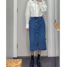COS风女装2024春季新品前开叉直筒牛仔裙丹宁蓝色半身裙休闲百搭