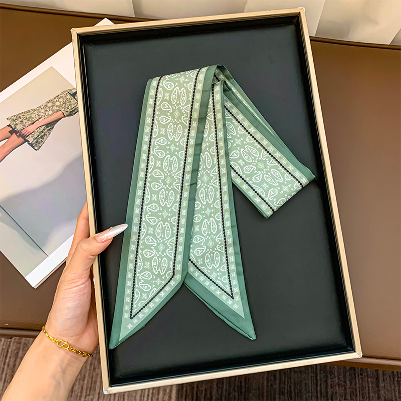 Pañuelo de seda largo, sensación de alta calidad, serie de flores de anacardo retro, pañuelo pequeño estilo ins de doble cara, bolso atado, cinta para el cabello