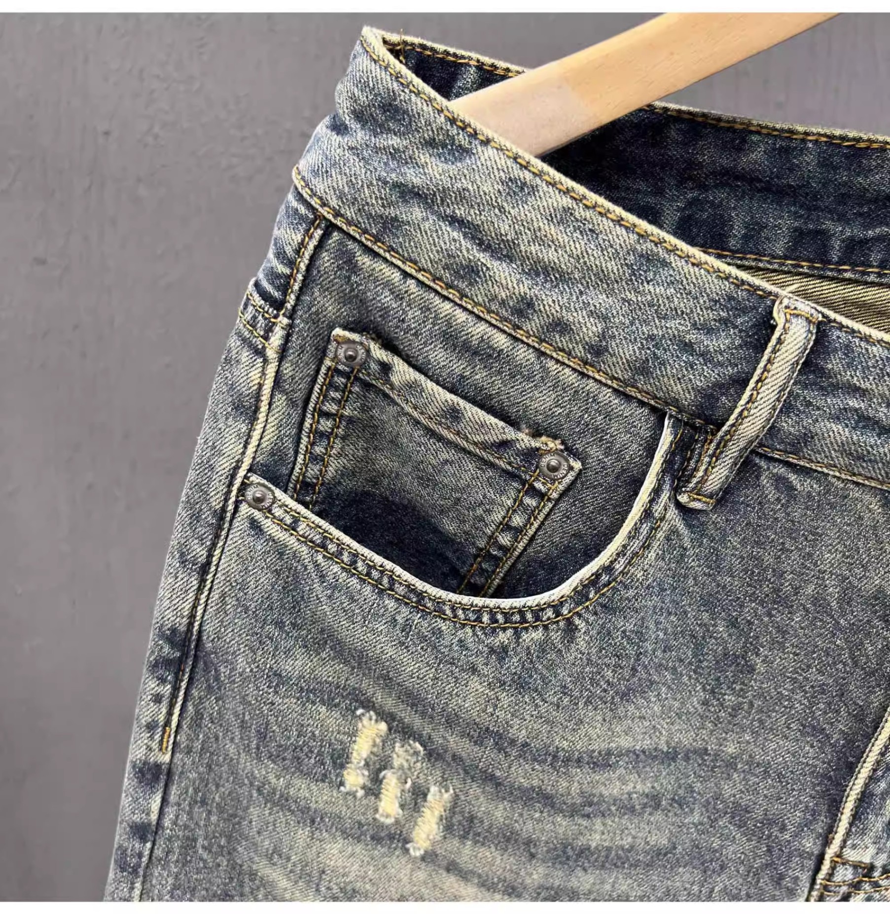 Men's Lightweight Distressed Denim Shorts Trendy High End Printed Patchwork Mid-Length Stretch Five-Point Pants Summer_mkmklike.com
