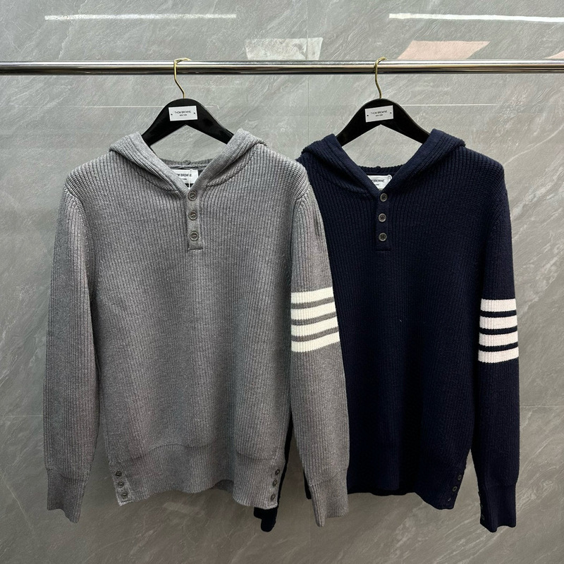 TB factory direct high quality men and women with white four bar stripe long sleeve button wool hooded knitted pullover TB factory direct high quality men and women with white four bar stripe long sleeve button wool hooded knitted pullover