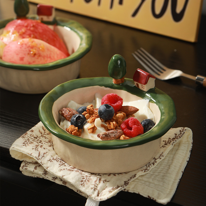 Cute Cartoon High-Value Bowl for Girls, Fruit Dessert Bowl, Ceramic Tableware, Dinner Plate, Household Plate, Yogurt Bowl Set