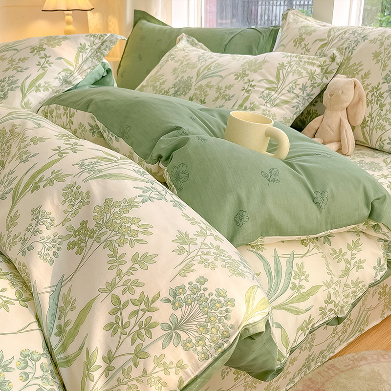 Conjunto de algodón de cuatro piezas de algodón 2025 nueva ropa de cama fresca funda de edredón floral sábana dormitorio juego de tres piezas