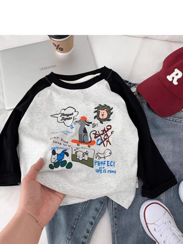 Children's pure cotton long-sleeved T-shirt for spring and autumn, stylish outerwear, patchwork top for young children and babies, cartoon-style versatile base shirt