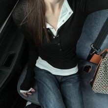 独特漂亮V领假两件打底T恤女秋冬超好看修身内搭气质长袖春装上衣