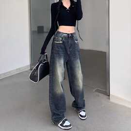 高腰阔腿牛仔裤女2025年秋冬加绒小个子宽松显瘦垂感直筒拖地长裤