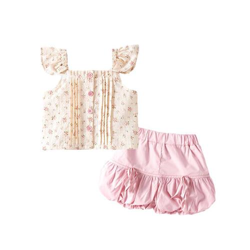 Children's Summer 2024 Set for Girls: Sweet and Trendy Floral Strappy Top and Buds Shorts Two-Piece Set
