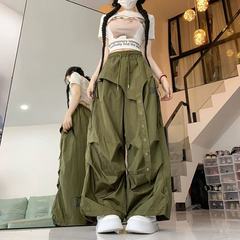 ヒップホッププリーツアーミーグリーン空挺部隊オーバーオール女性の夏のデザインニッチルーズリボンバットカーテン速乾性スポーツパンツ