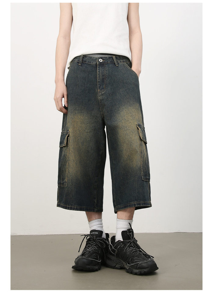 Quần short jean nam ống rộng nhiều túi phong cách hip-hop đường phố, quần lửng mùa hè — Màu xanh lam, Xanh lam làm cũ, Xanh lam nhạt chi tiết 14