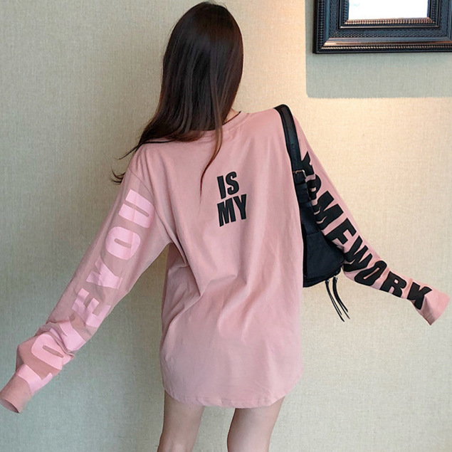 Spring and autumn Korean version of chic loose letter printing long sleeve T-shirt women's new all-match slim base coat women's t wholesale
