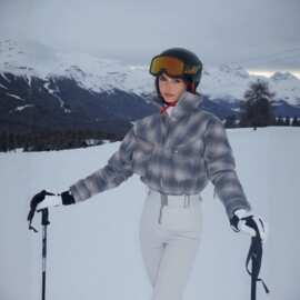 欧美跨境厚格纹毛呢滑雪服女冬季户外雪场防风防寒收腰外套连体裤