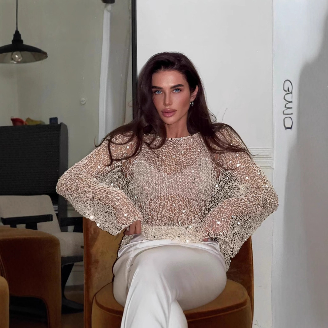 European and American Stylish Sexy Lady Style Sequin Decorated Knitwear Slim Long-Sleeved Top Women's Winter Style High-End