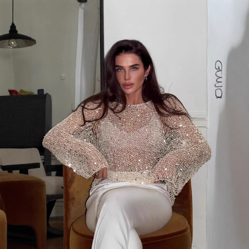 European and American Stylish Sexy Lady Style Sequin Decorated Knitwear Slim Long-Sleeved Top Women's Winter Style High-End