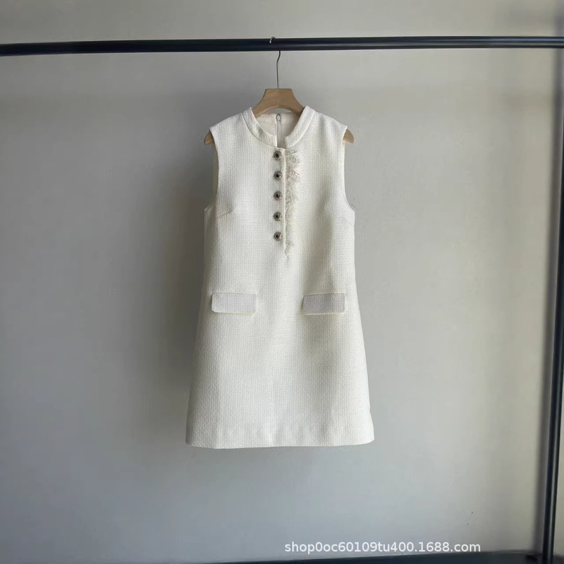 2026 Early Spring New Style Chanel-Inspired Ivory White Double-Pocket Lace Trim Patchwork Tweed Sleeveless Dress