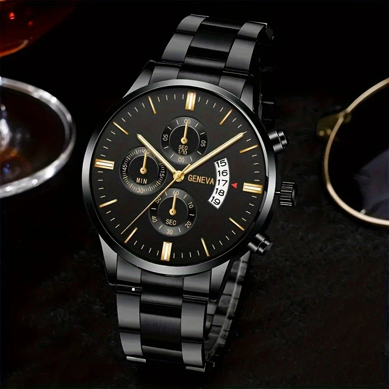 Cross-Border Popular Men's Steel Band Watch with Luminous Hands, Calendar, Quartz Movement, High-End Business Watch with Large Dial