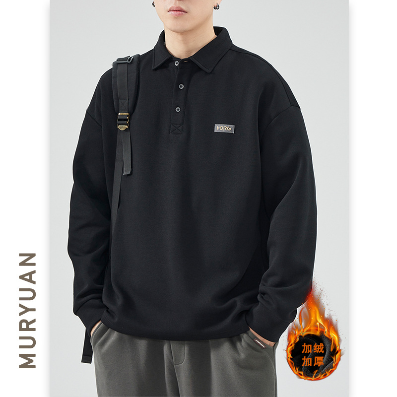 무위안 남성복 아메리칸 스타일 라펠 플리스 스웨트셔츠 남성용 고급스러운 루즈핏 풀오버 캐주얼 폴로셔츠 상의