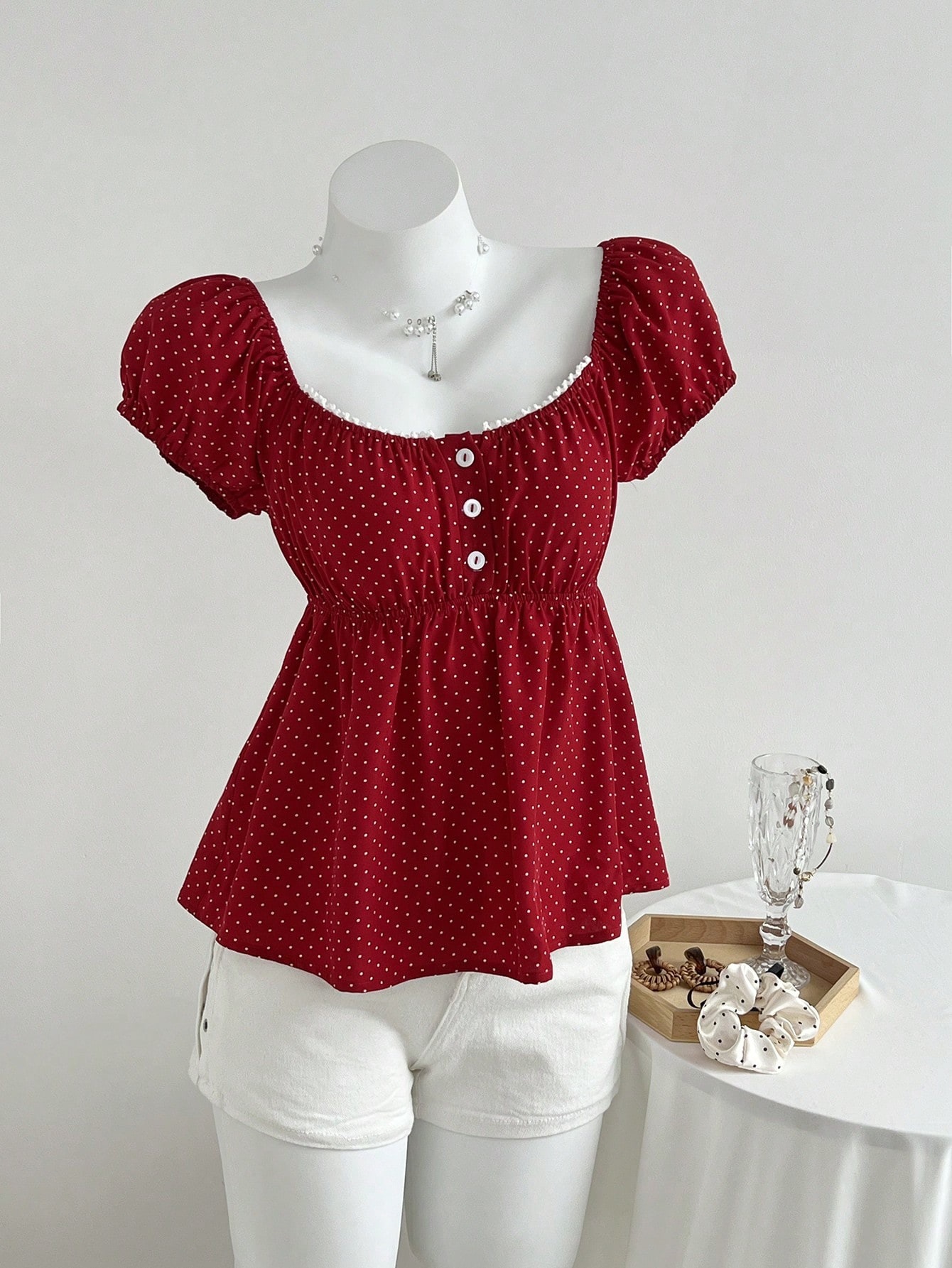 Women's Summer Elegant French Style Waist Cinching Short Sleeve Square Neck Polka Dot Shirt_ecoleips.com
