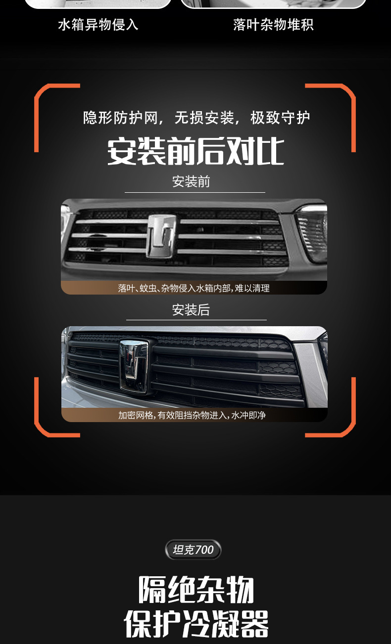 Suitable for 26 models of Tank 700, anti-insect net, front grille, water tank dustproof net, front face protection, special modification accessories, decoration