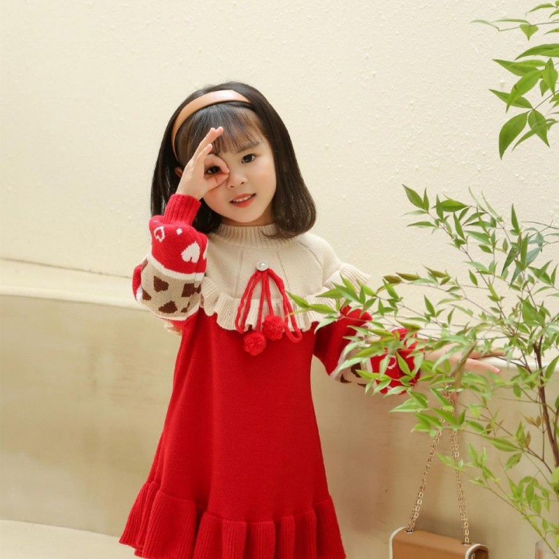 Nubao Dress children sweater 2022 Autumn and winter new pattern Hair ball bow Korean Edition have more cash than can be accounted for Knit dress Vintage Style