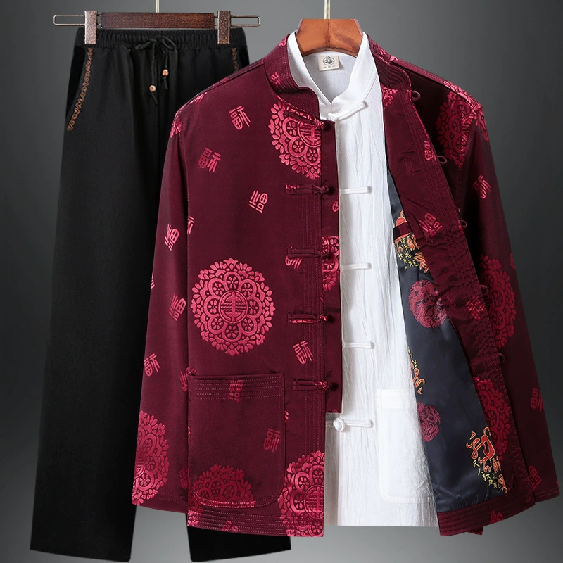 Старик Тан одеваются мужские весенне-осенние пальто среднего и пожилого дедушки одеваются одежда на день рождения в китайском стиле с длинными рукавами свадебный костюм отца