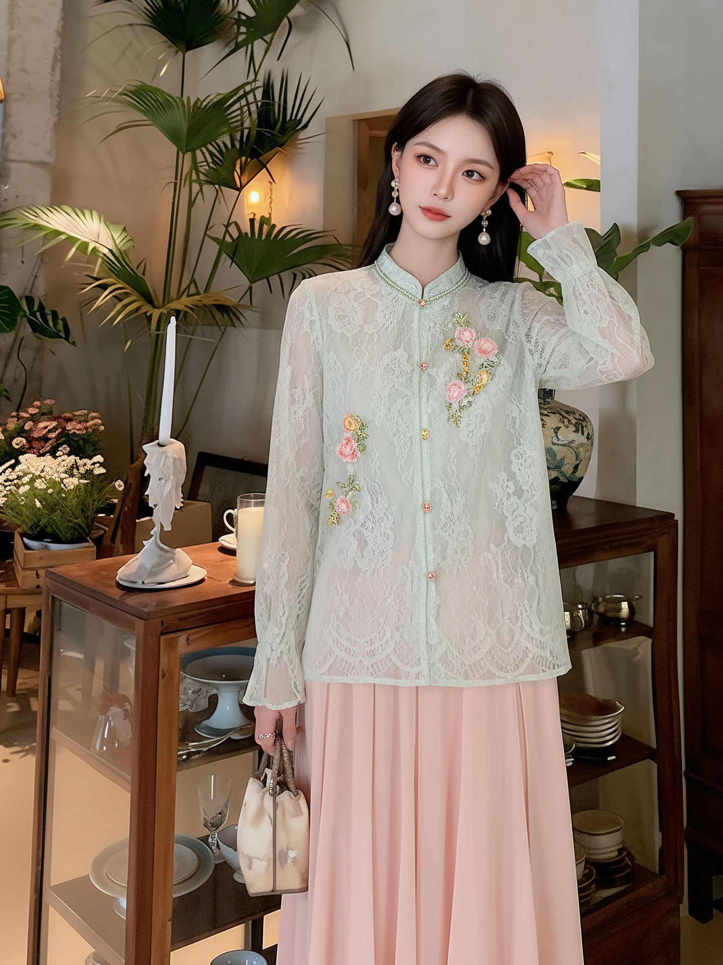 Bộ áo khoác và chân váy thêu hoa tơ tằm cao cấp phong cách Tân Trung Hoa — bộ đồ, nửa váy, áo khoác