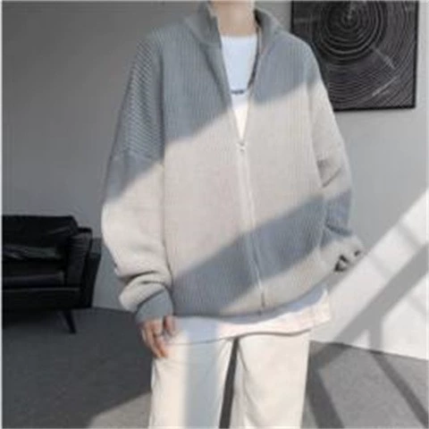 Кардиган, демисезон, японский ретро-свитер, мужская knitted куртка на молнии, свободный силуэт