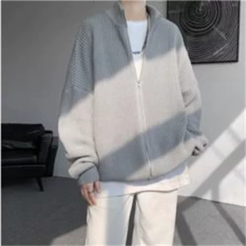 Кардиган, демисезон, японский ретро-свитер, мужская knitted куртка на молнии, свободный силуэт