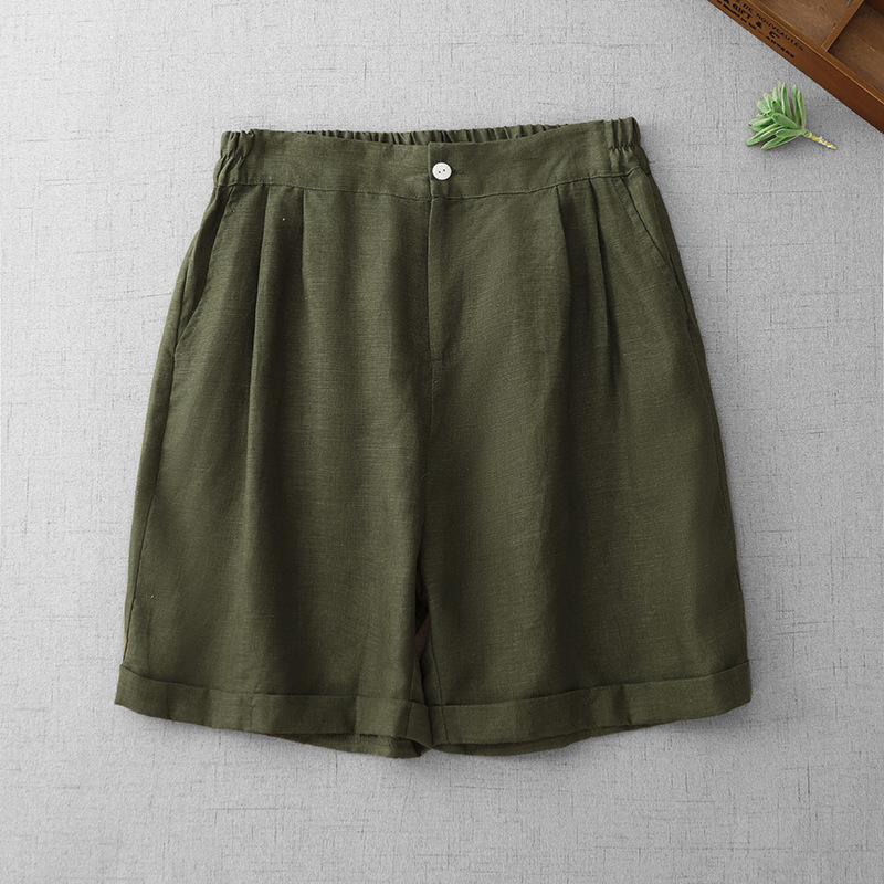 2025夏季时尚宽松大码女装文艺复古松紧腰棉麻潮款休闲阔腿短裤