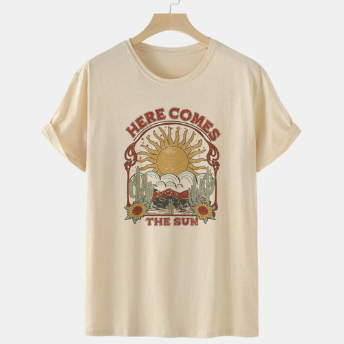 Here Comes the Sun Retro Graphic Tees Women Oversized 70s Hi