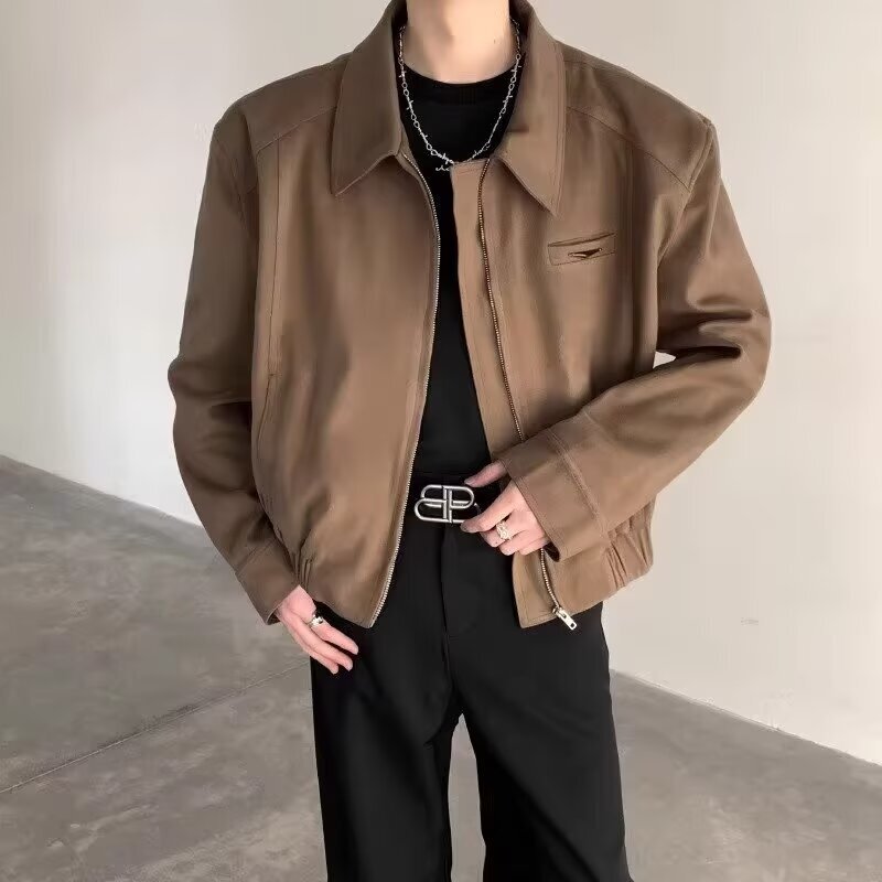 cleanfit Short Jacket Men's Autumn and Winter Ruffian Handsome American Shoulder Pad Jacket High-grade Black Lapel Baseball Suit
