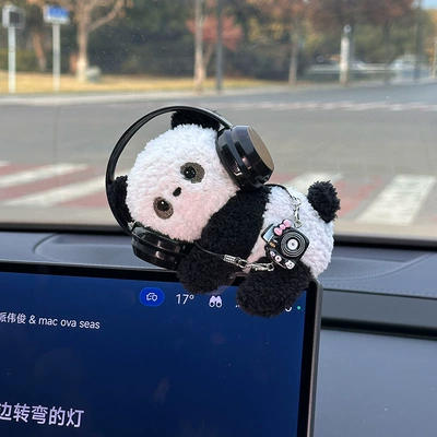 Console Decorations, Cute Dolls, Car ornaments - black-headphone-camera-panda-clip-doll