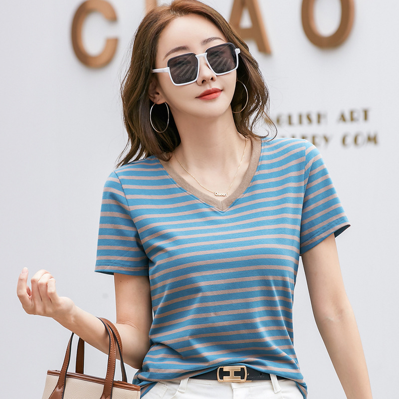 398 Stripesd Contrasting V Neck Retro Literary Short-Sleeved T-Shirt Women's Style Top Summer Clothes New Popular Bottoming Shirt