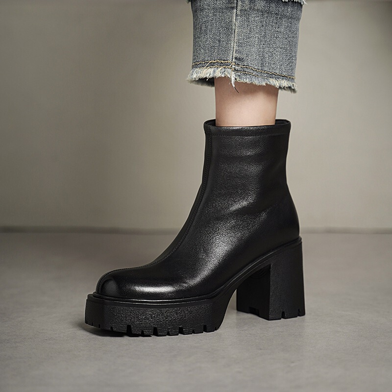 First-Layer Cowhide Retro Round-Toe Short Boots 8cm Thick Heel Versatile Side Zipper High-Heeled Waterproof Platform Chelsea Boots
